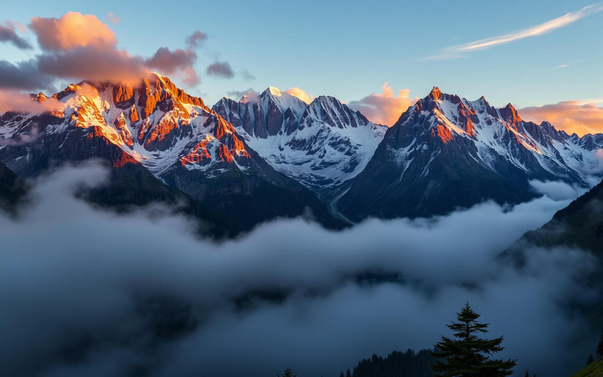 Snow-capped mountain peaks at golden hour above a valley of clouds